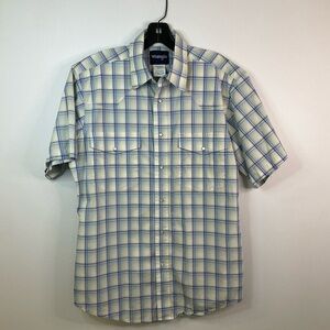 WRANGLER Blue Yellow Plaid Yoke Pearl Snap Front Short Sleeve Shirt, sz MD